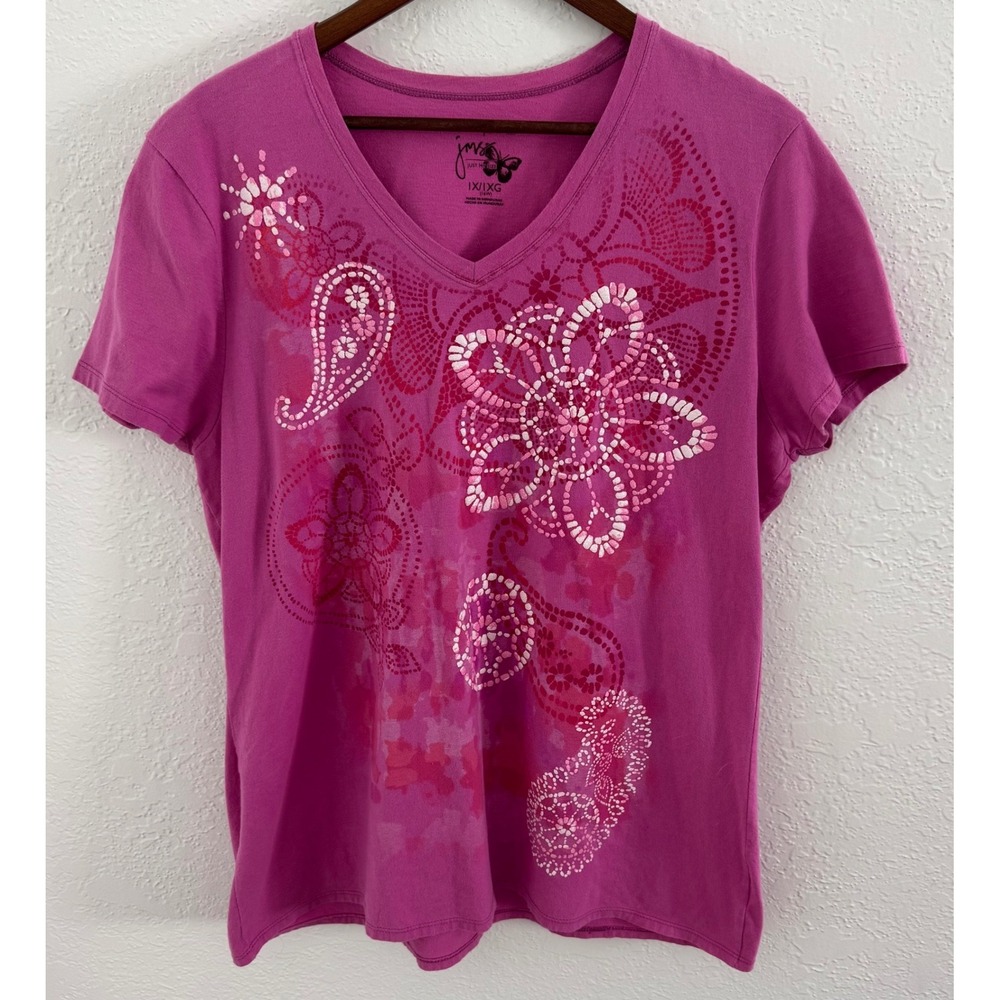 Just My Size Hanes Top Pink Women's 1X 16W Plus Tee Glitter Floral Paisley